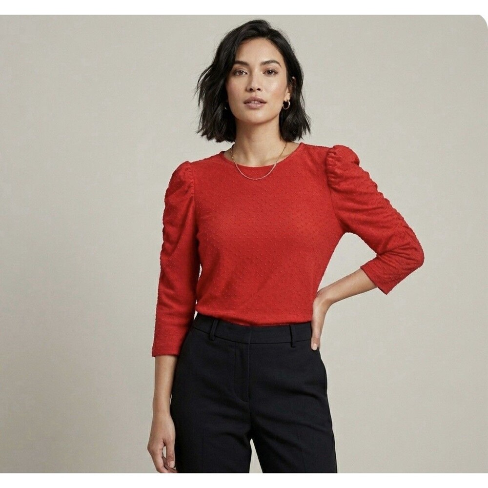 NWT Banana Republic Red Swiss Dot 3/4 Ruched Sleeve Top Blouse Womens Size M NEW